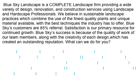  Blue Sky Landscape is a COMPLETE Landscape firm providing a wide variety of design, renovation, and construction services using Landscape and Hardscape Professionals. We believe in sustainable landscape practices which combine the use of the finest quality plants and unique material available, with the best techniques the industry has to offer. Blue Sky’s customers are 85% referral. Satisfaction is our primary resource for continued growth. Blue Sky’s success is because of the quality of work of our team members, along with the creativity of each design,which has  created an outstanding reputation. What can we do for you?

Design I Landscape I Hardscape I Green Services l Maintenance l Irrigation l Lighting l Fences l Tree Removal I Drainage l Excavation l Snow Removal & Ice Management l Seasonal Color l Water Features l Storm Damage l Hedge Trimming l I Stonework Interior I Outdoor Living I I Pools I Walkways I Fireplace l Fire Pits I Outdoor Kitchen